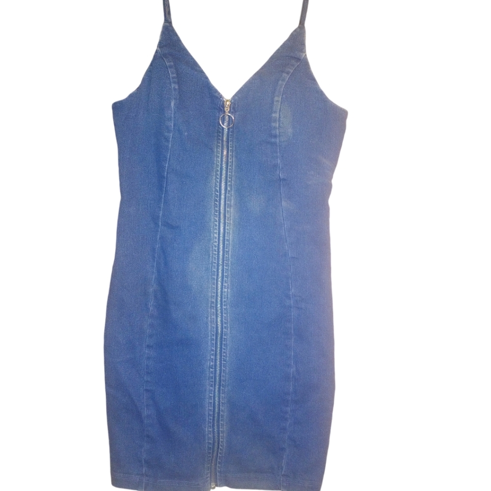 Iris Basic Denim Mini Dress Front Zip Stretch Pad… - image 5